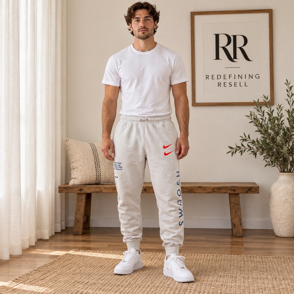 Nike Sportswear Swoosh Joggers Mens Small Oatmeal Grey Double Logo Sweatpants